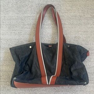 Vince Denim Brown Leather Handles and Trim Tote Bag